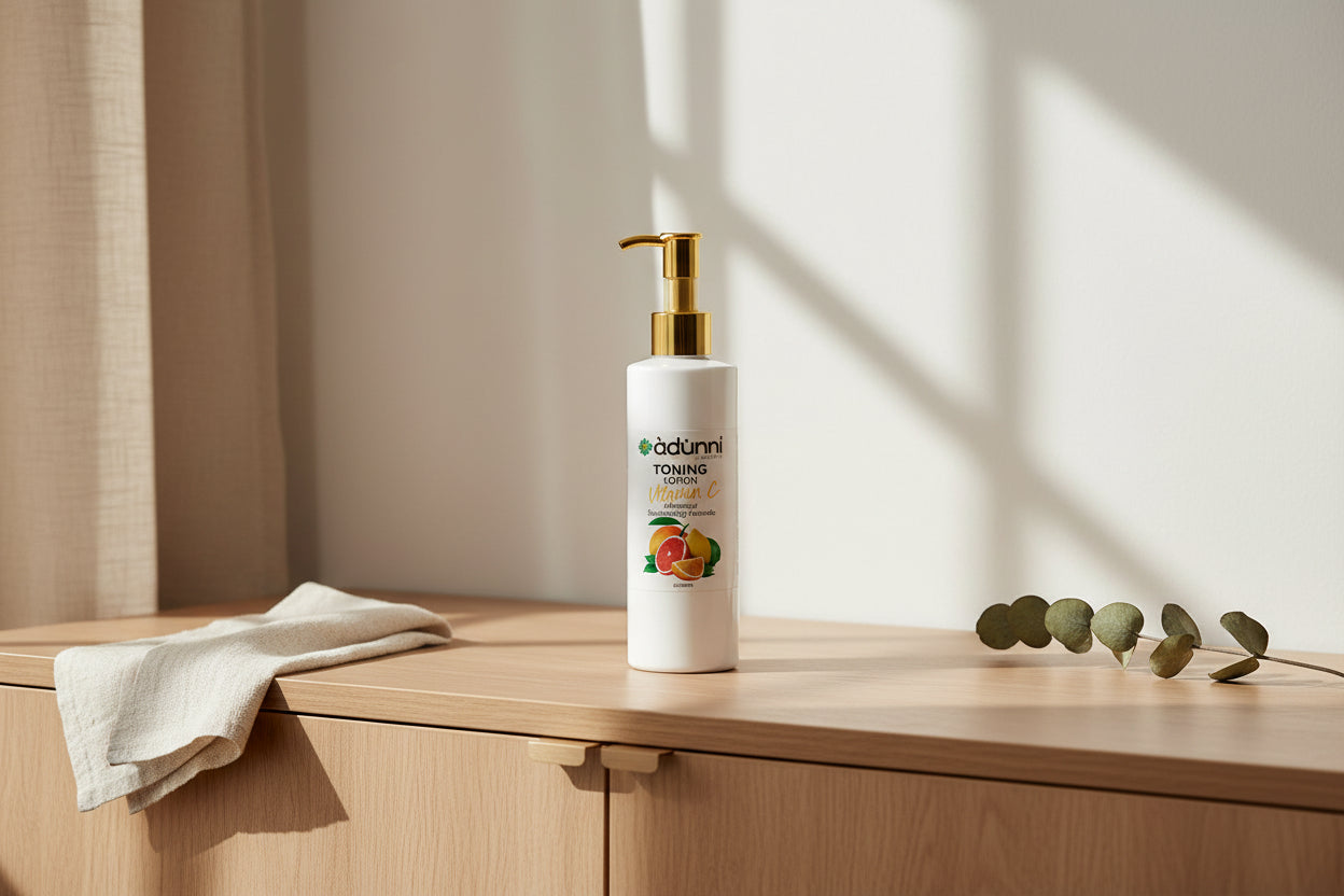 Adunni toning lotion bottle with gold pump on a light green background